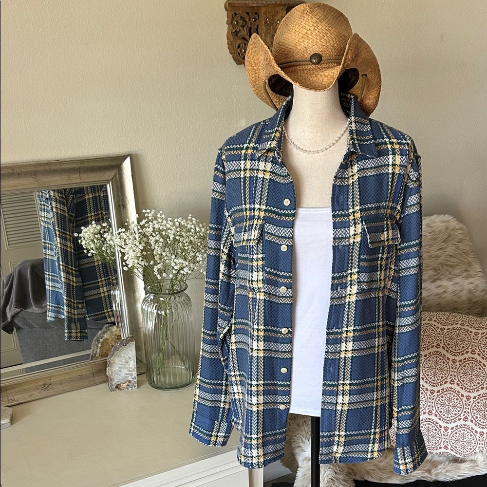 Lucky brand Herringbone blue plaid Flannel Humboldt Utility Shirt S oversized